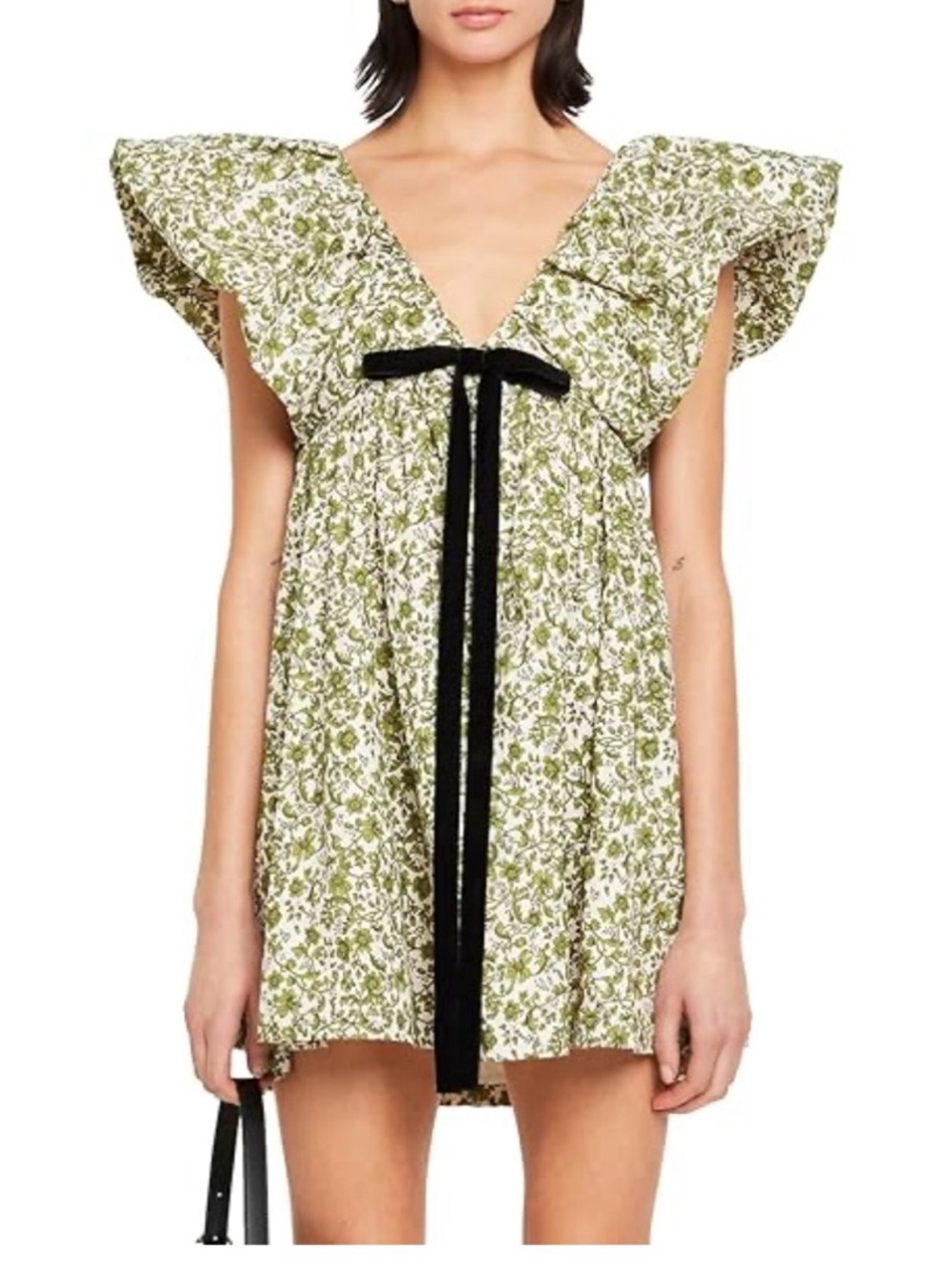 Floral Ruffle Mini Dress with Black Tie